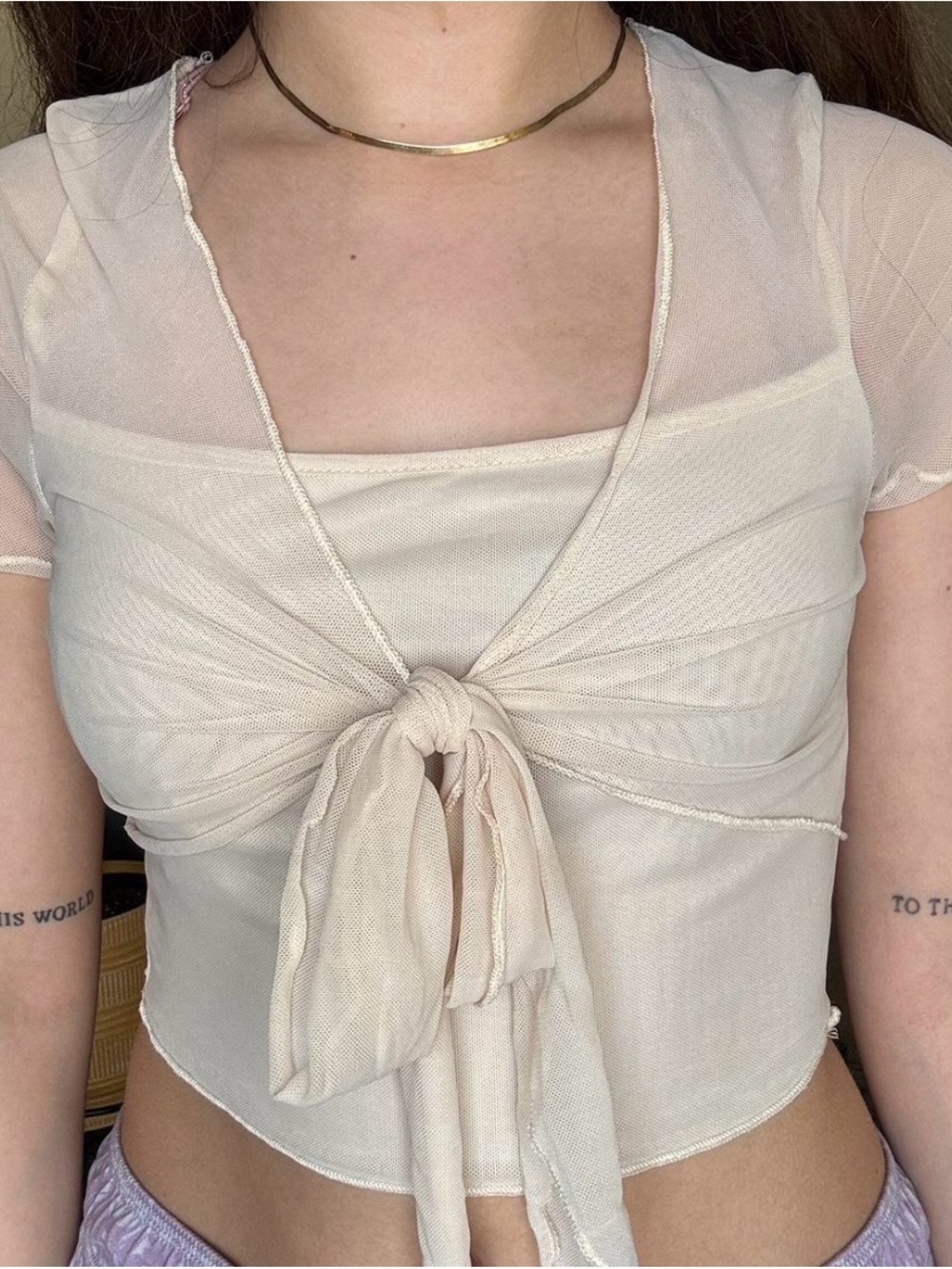 Neutral white/ cream Tie-Front Sheer Mesh Crop Top - Women
